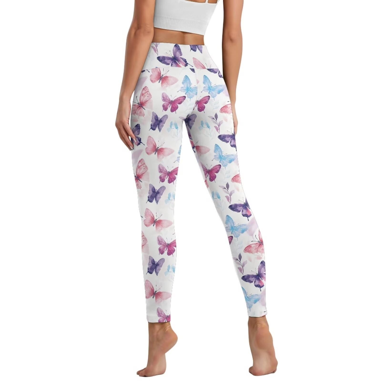 Poceacles Butterfly Violet Pink Blue Womens Yoga Leggings with Pockets Workout Leggings Full Length High Waisted Running Pants Non See-Through Athletic Tights Printed Tights, M