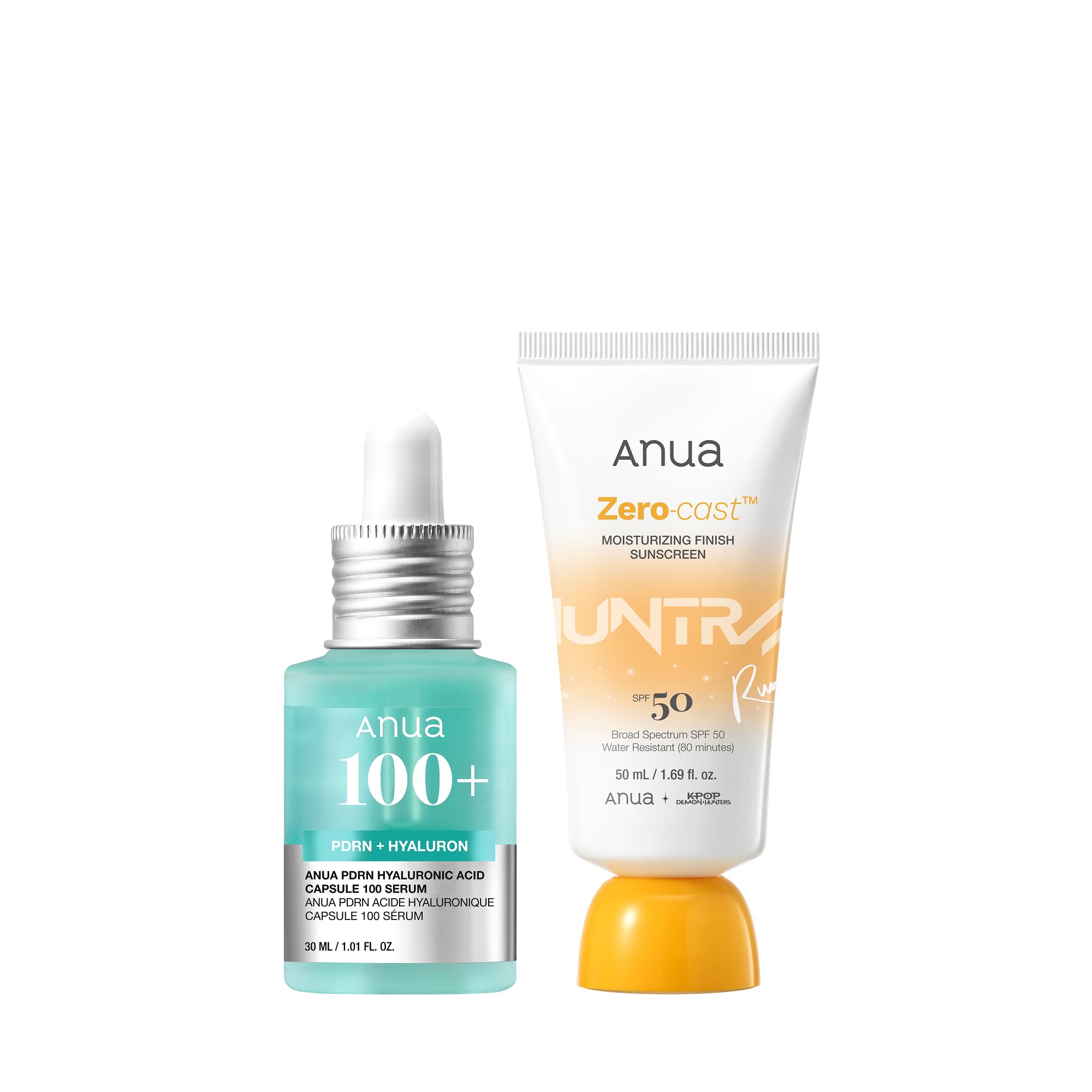 Anua Glow Summer Duo: PDRN Hyaluronic Acid Capsule 100 Serum & Zero-Cast Moisturizing Sunscreen SPF 50, Daily Hydrating and Sun Protection Set, KPop Demon Hunters, Korean Skincare