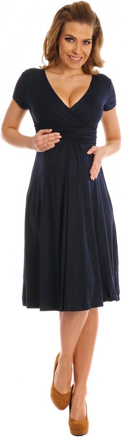 Amikama Women Maternity Jersey Flare Baby Shower Dress Short Sleeves