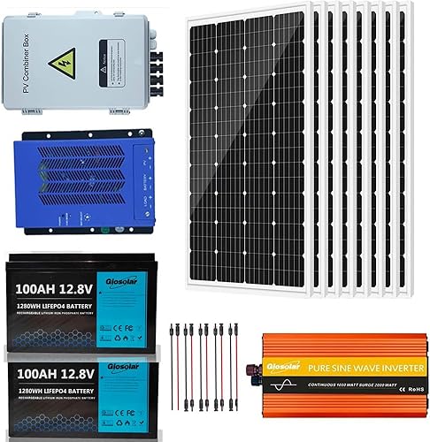 Kit completo de panel solar de 960 W con 2 baterías de litio de 100 AH + inversor de 1000 W 12 V + 8 paneles solares mono de 120 W + 4 cajas