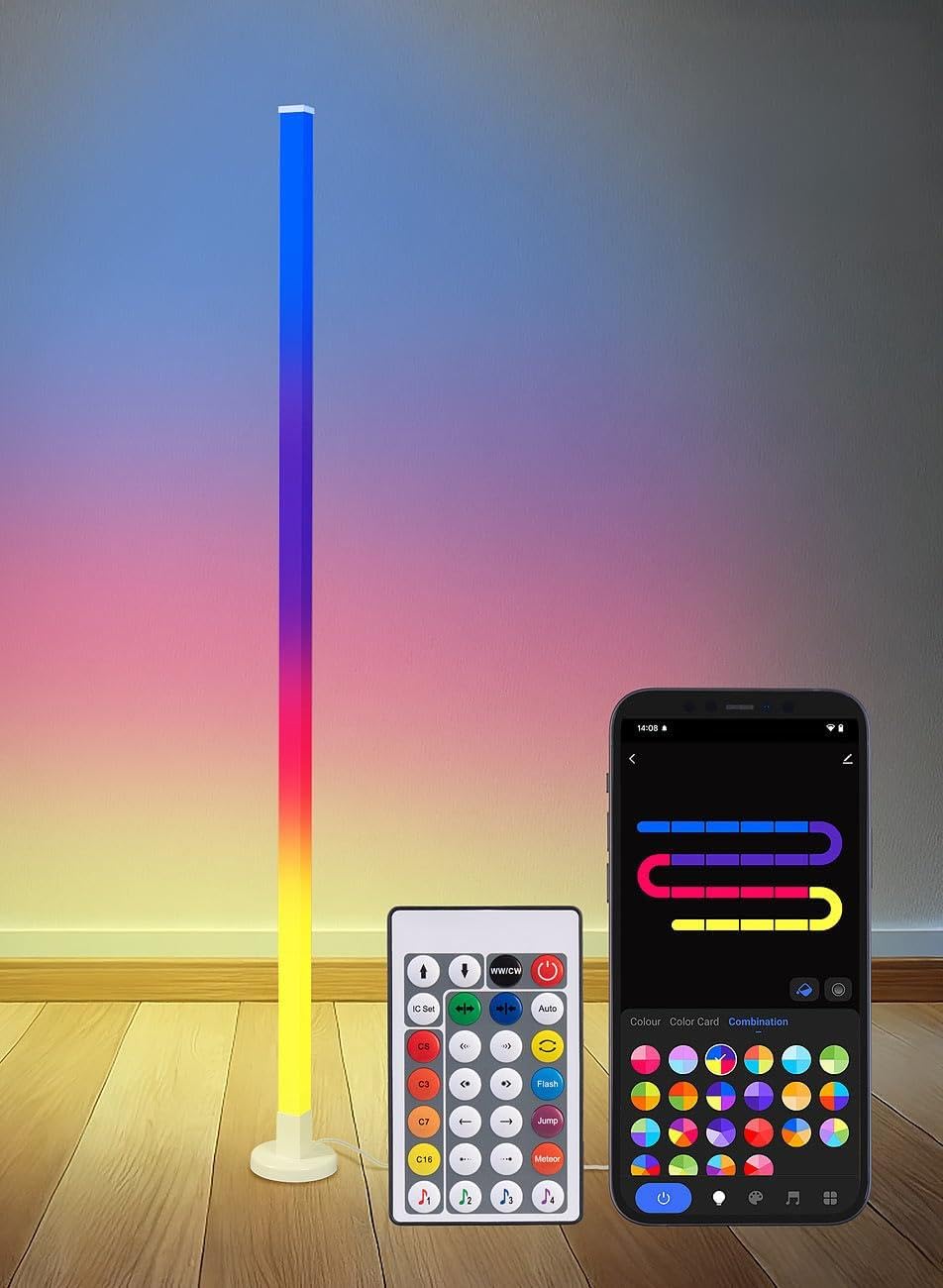 Luminea Home Control Led Wohnzimmerleuchten: 4er-Set Smarte WLAN-Standleuchte mit RGB-IC-LEDs, App, 10 W, 150 cm (Alexa Stehlampe, Ecklampe LED)