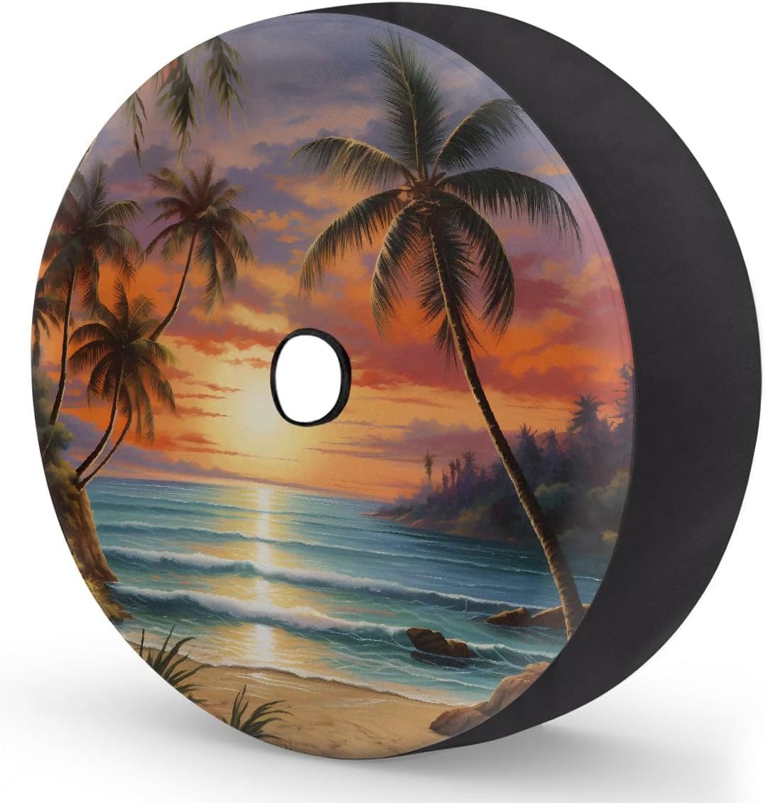Spare Tire Cover with Backup Camera Hole Sunset Beach Palm Tree Waterproof Tire Cover Fit for Rv SUV Truck Travel Trailer 17inch
