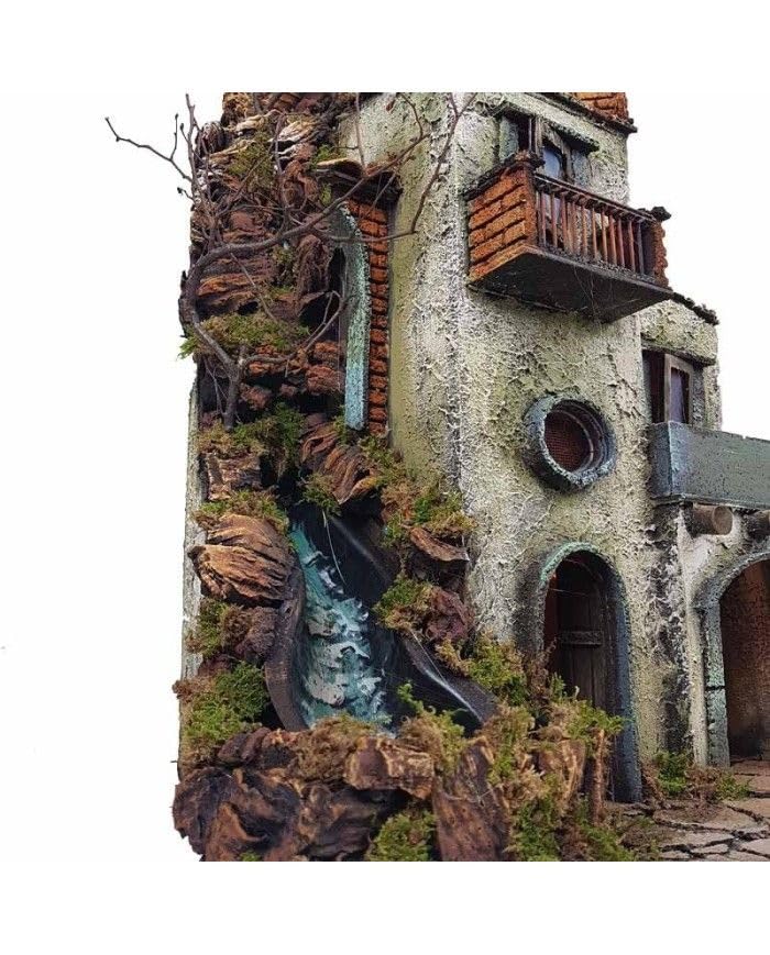 Chianese Presepe Borgo Napoletano Stile '700 con Cascata e Luci LED – Artigianale in Legno e Sughero, Dimensioni 40x40x68 cm, Compatibile con Pastori 10-7-6 cm