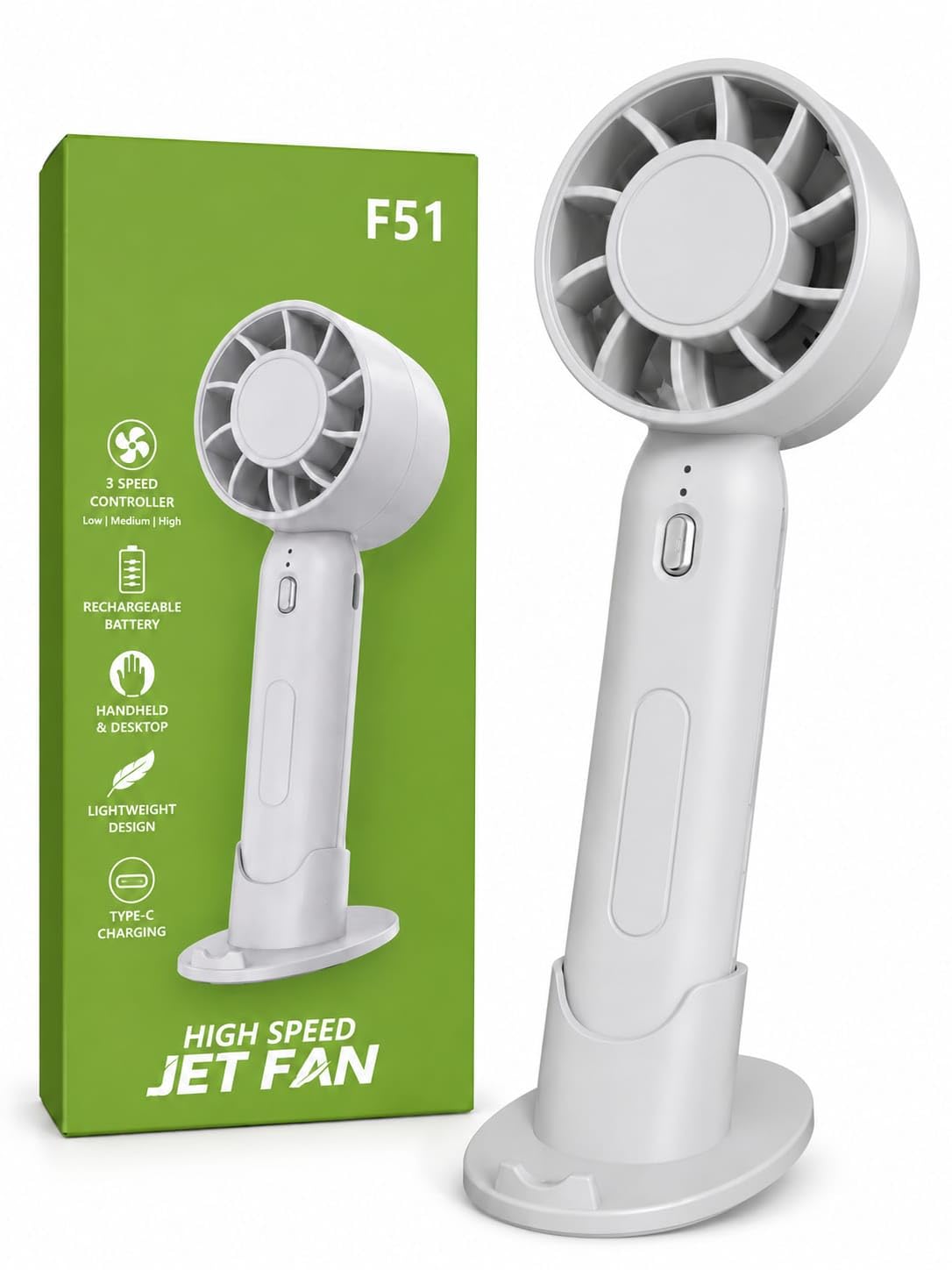F51 High Speed Jet Fan, Portable Handheld and Desktop, Rechargeable Battery, 3 Speed Modes, Type-C Charging, Lightweight-image-13