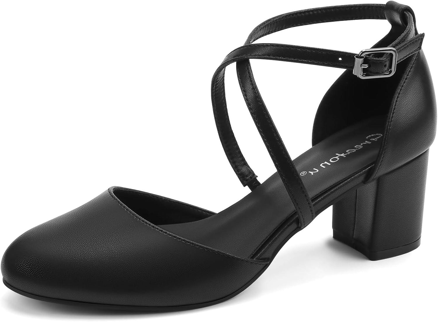 Greatonu Women's Low Block Heeled Dress Pumps Closed Round Toe Cross Strap Wedding Bridal Party Office Shoes 2.5 Inch