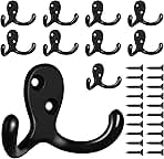 10 Pack Coat Hooks Wall Hooks for Hanging, Heavy Duty Double Prong Metal Hook Wall Mounted for Living Room, Bathroom, Kitchen, Bedroom for Coat, Bag, Scarf, Towel, Hat, Key, Cup (Black)