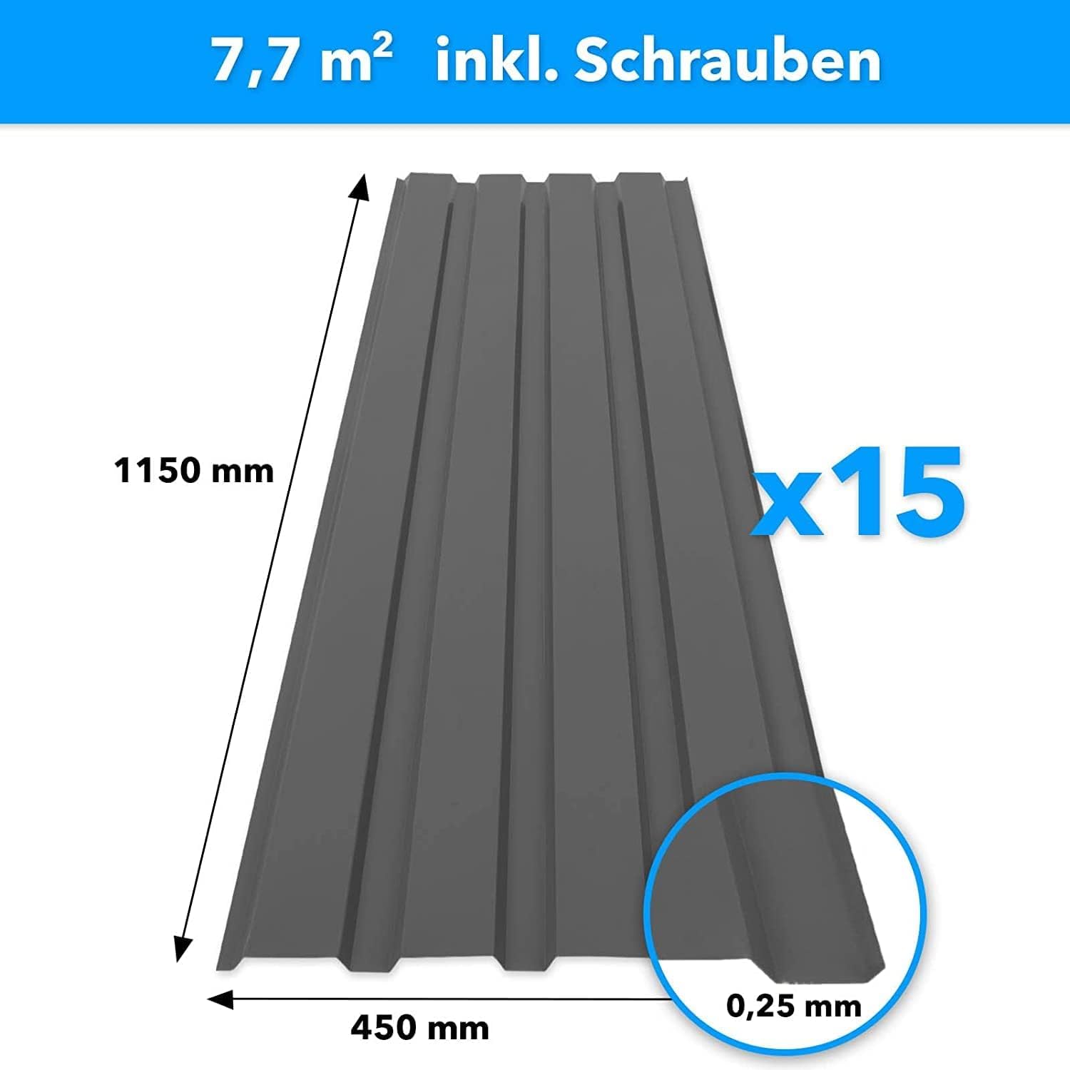 KARAT - 15 láminas trapezoidales de 115 x 45 cm - Juego de Chapa perfilada con Tornillos - 7,7 m² - Grosor 0,25 mm - Placas de Techo de Chapa de Acero para Revestimiento de Pared (Gris)