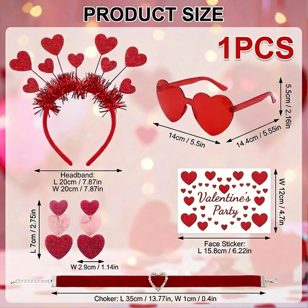 CLDURHGE Heart Shaped Sunglasses Accessories Set, 1 Pair Adult Red Glasses, Headband, Earrings, Face Stickers & Choker - Image 2