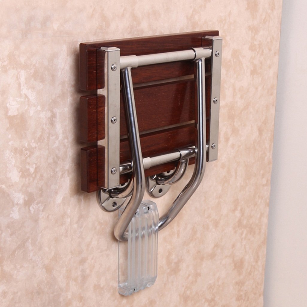 Taburetes de Ducha de Pared Plegables Taburete de Asiento de Ducha de Madera montado en la Pared Base de Acero Inoxidable 304 para Ancianos/discapacitados Antideslizante Trabajo Pesado Máx. 160kg
