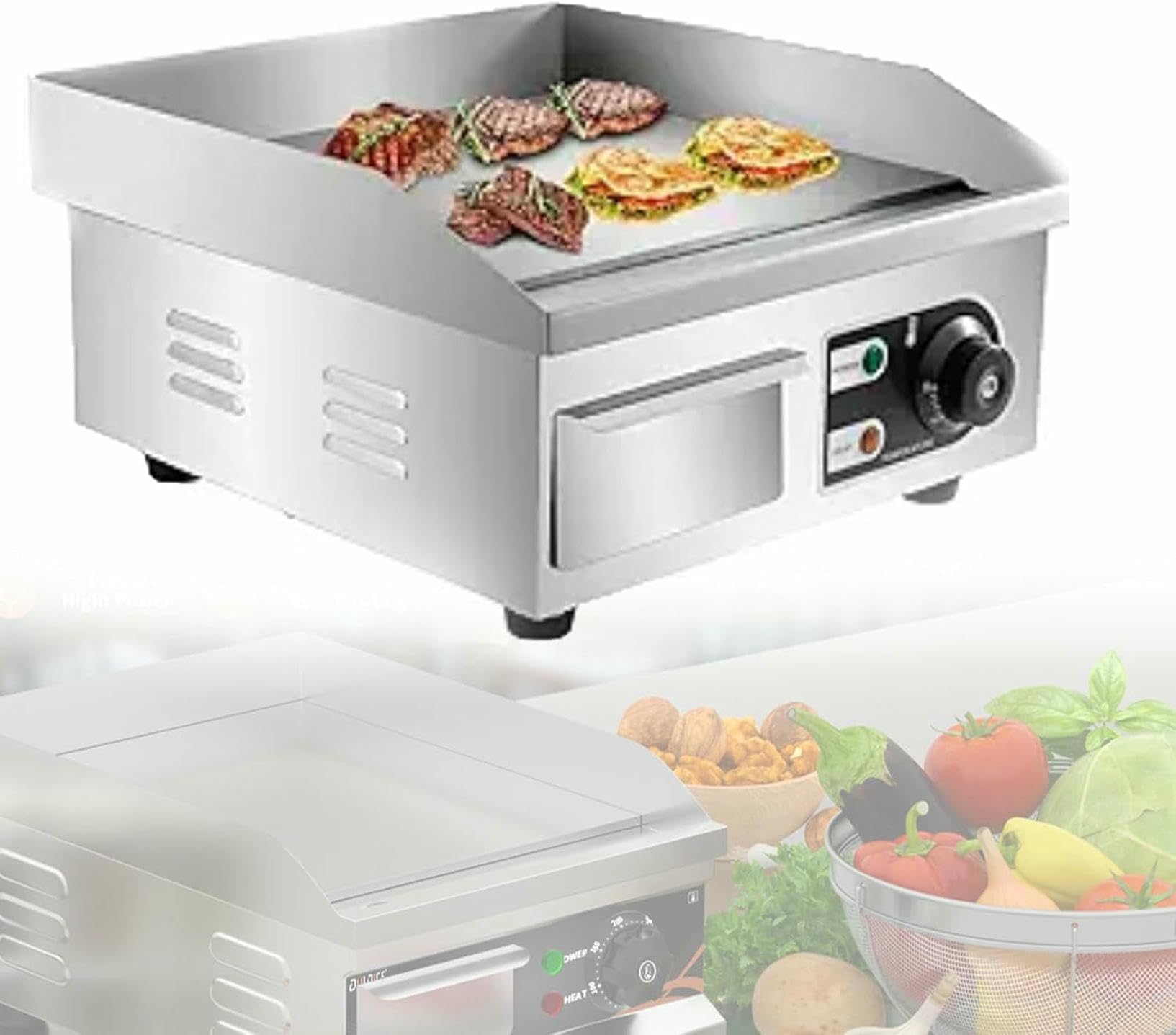 Fhrka Commercial Electric Griddle,Electric Countertop Griddle 3Kw, Non-Stick Restaurant Teppanyaki Stainless Steel Grill,Temperature Control 50℃-300℃