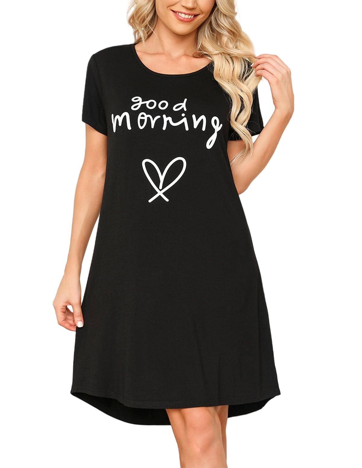 Spkpkey Women's Black-1 Nightgown Sleepwear Soft Sleepshirt Short Sleeve Nightshirt Nighties Cute Print Sleep Dress Black Xl