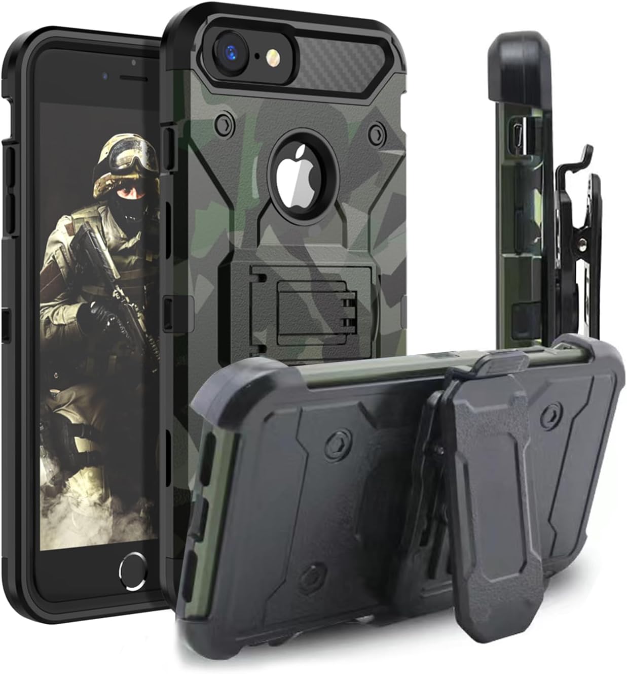 Case for iPhone 8 Case iPhone 7 Case Kickstand Military Shockproof Protective Belt Clip Cover Man Boys Camo Camouflage Green