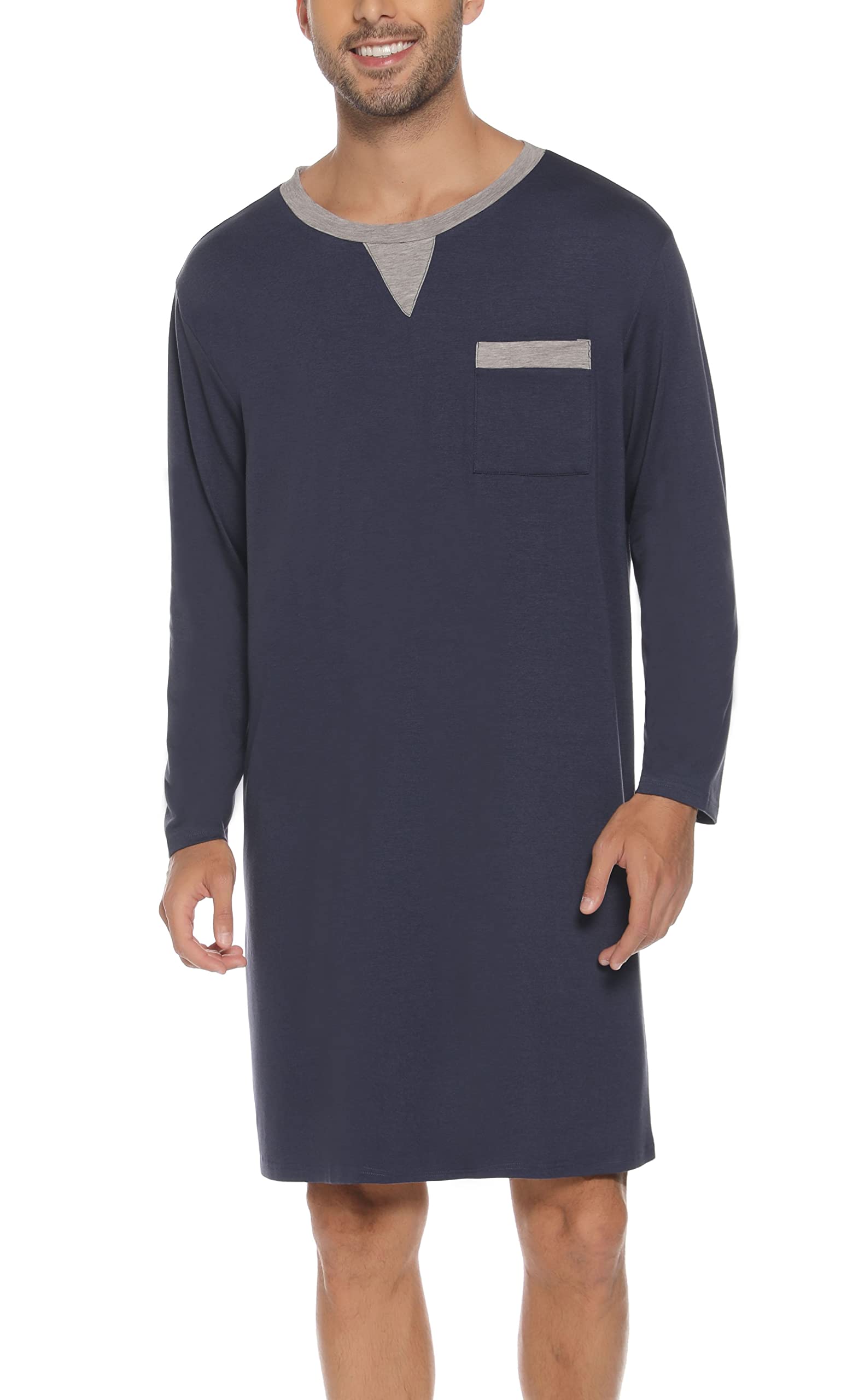 Yukiuiny Herren Langarm Nachthemd Knielang Jersey Pyjamaoberteil Baumwolle Weich Luftig Schlafshirt Nachtwäsche für Krankenhaus