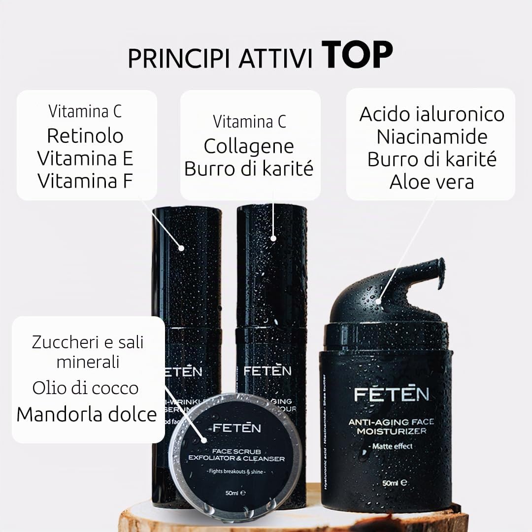 FETEN Set 360 Cura Viso Uomo – Kit Regalo Uomo 4 in 1 con Esfoliante, Siero Antiage con Vitamina C, Crema Idratante e Contorno Occhi Antiocchiaie