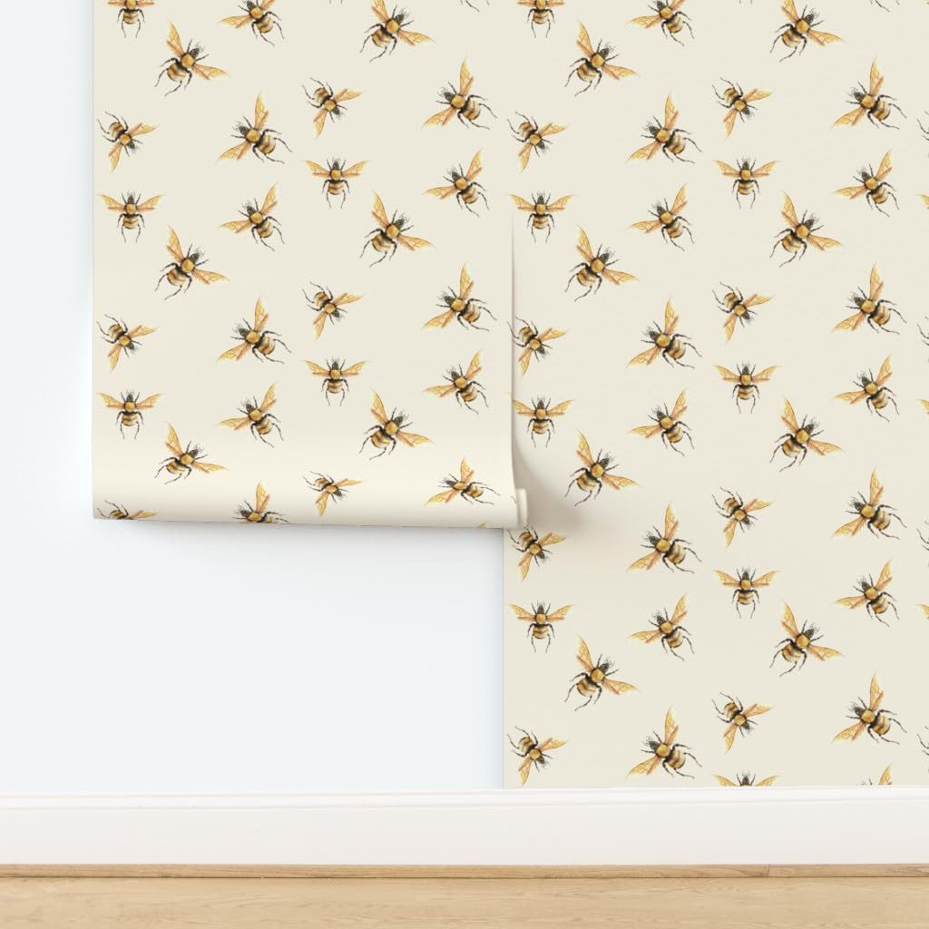 Removable Wallpaper 6ft x 2ft - Bee Golden Cream Honeybee Honey Summer Custom Pre-Pasted Wallpaper by Spoonflower