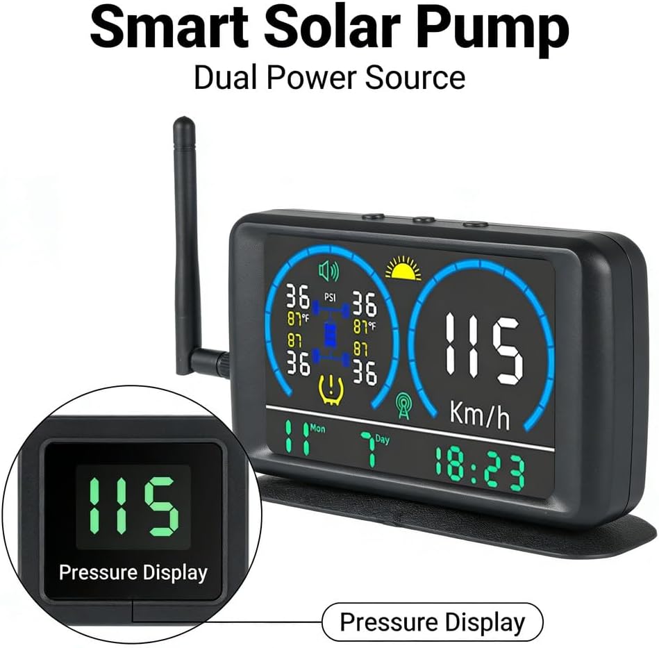 Tire Pressure Monitoring System with 5 Inch Color LCD, Solar and USB Charging, 4 Sensors, 0-13Bar Capacity - Real - Time Alerts, Low Power Consumption, Heavy Duty