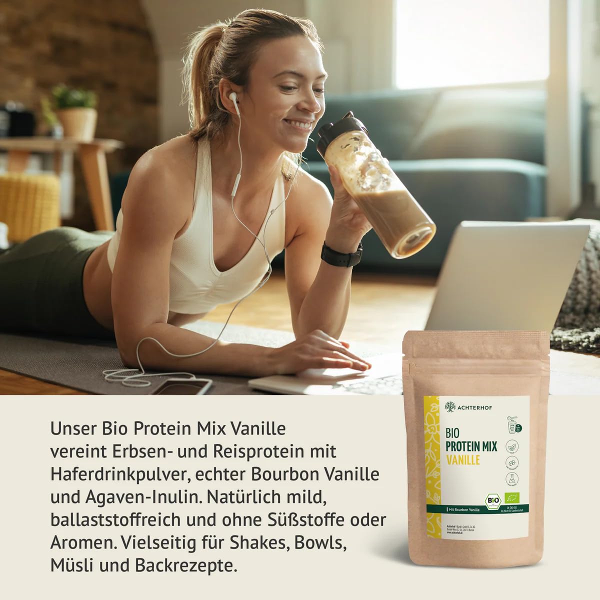 Bio Protein Mix Vanille 500g | Erbsen- und Reisprotein mit echter Bourbon Vanille und Ballaststoffen | 100% natürliche Bio-Proteinmischung | Achterhof