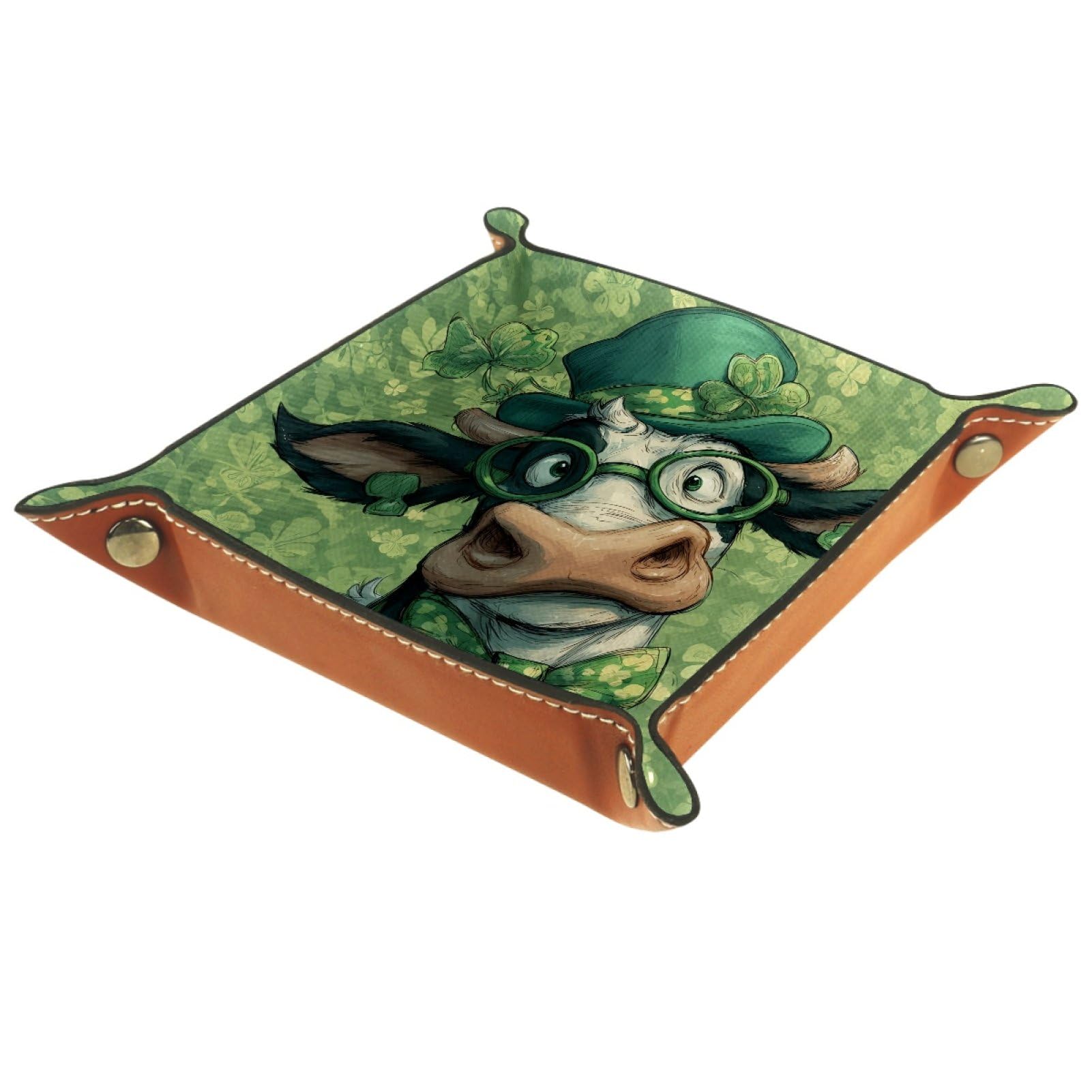 VAPOKF St. Patrick's Day Cattle Dice Trays Quadrilateral Dice Folding Tray Microfiber Leather Holder for Table Games RPG DND, 20.5 × 20.5 cm