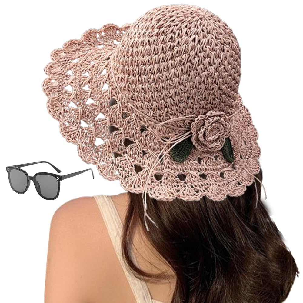BreWel Elegante Sombrero de Paja de Ganchillo con Detalle de Volantes,Plegable Tejido a Mano con protección Solar de Playa de Verano,Sombrero de protección Solar de ala Ancha de Playa