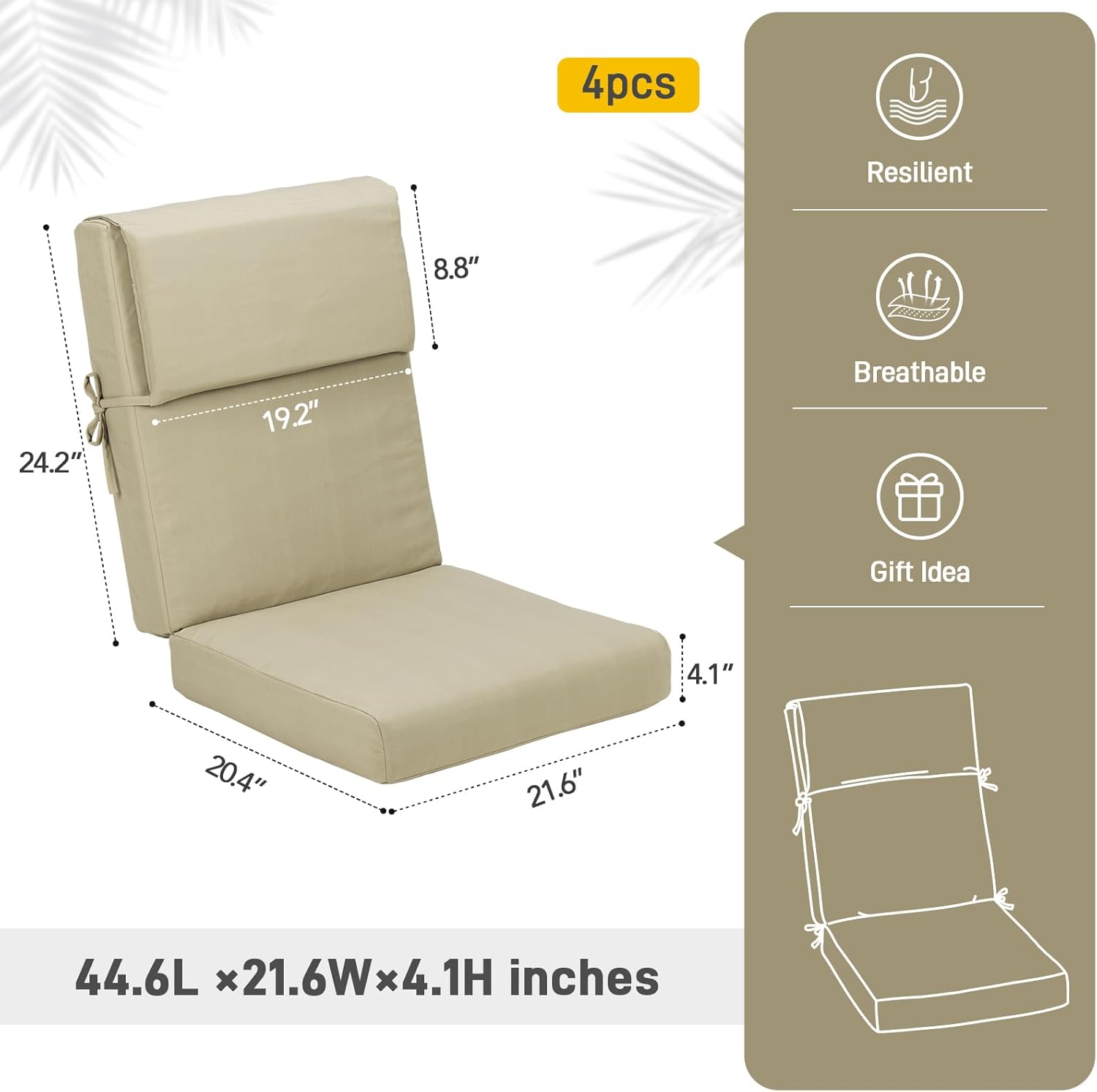 Aoodor 44" x 21" Patio High Back Chair Cushions, Fade-Resistant and Water-Resistant Olefin Fabric Slipcover, Sponge Foam Filling, Set of 4, Brown