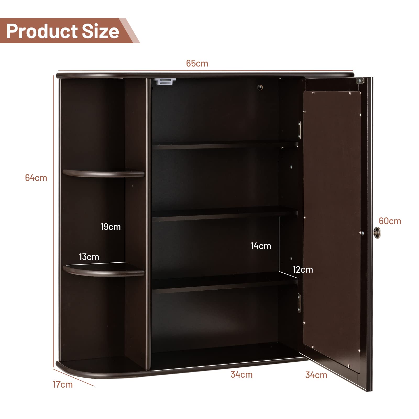 LIFEZEAL Armadietto a Specchio, Pensile a 1 Anta, per Bagno, 4 Ripiani e 6 Scomparti Aperti, Ripiani Interni Regolabili, Mobiletto da Parete, Salvaspazio, in Legno, 66x16,5x63 cm (marrone)