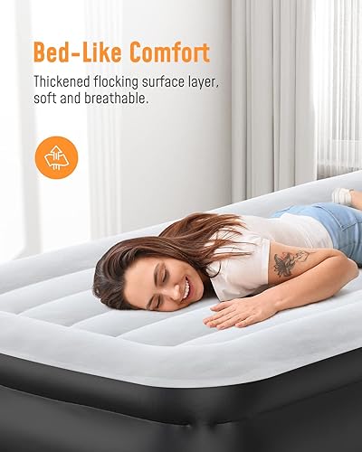 Miniatura 3 de Airefina Colchón de aire Queen & Twin con bomba incorporada, colchón inflable con parte superior flocada para invitados del hogar, portátil y
