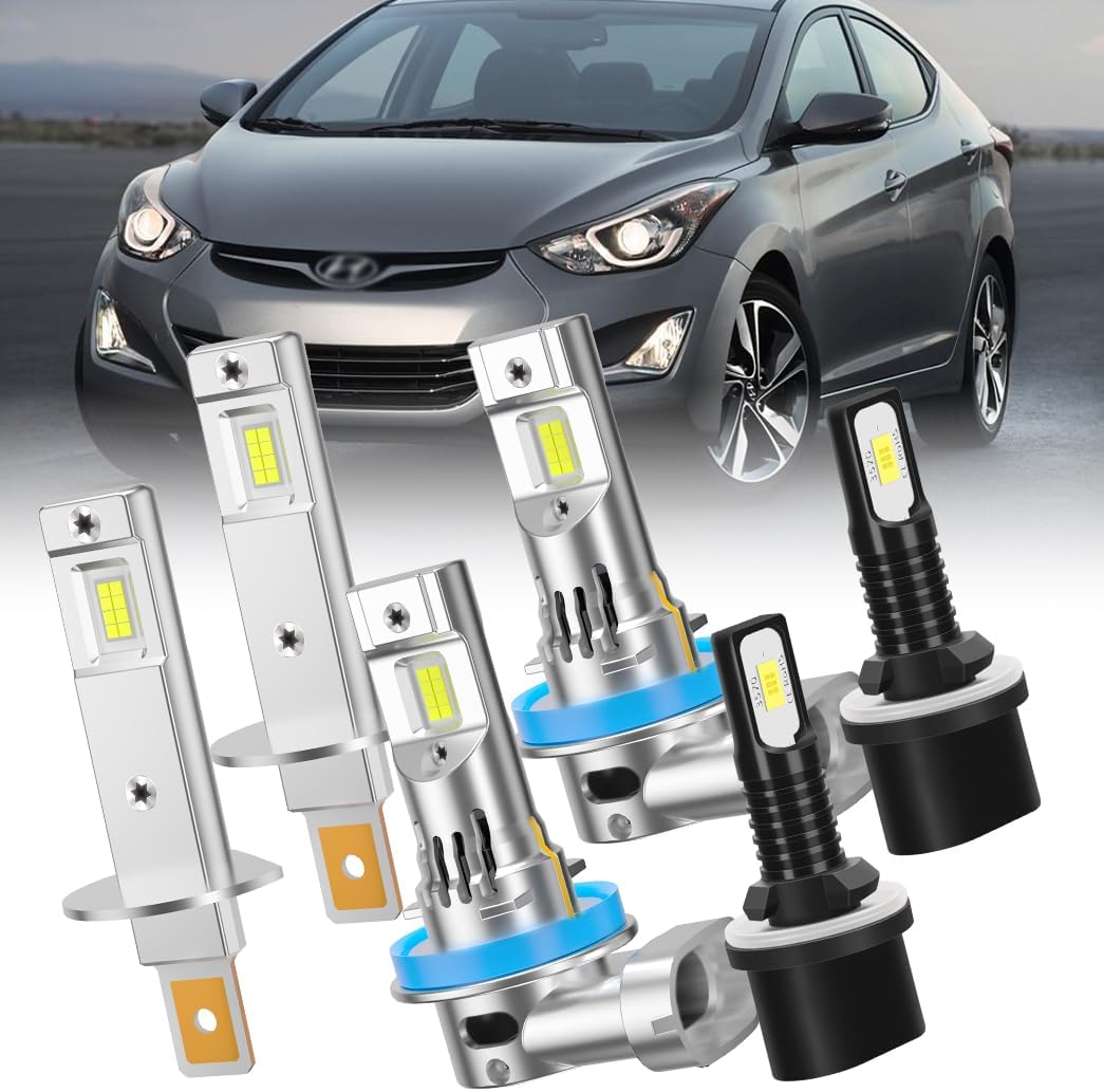 Automotive Front Light Bulbs, H1 and H11 and 880 Front Light Combo, 6000K with Built-in Fan for Hyundai Elantra 2007-2013, High and Low Beam and Fog Lights, 12-24V, 6-Pack