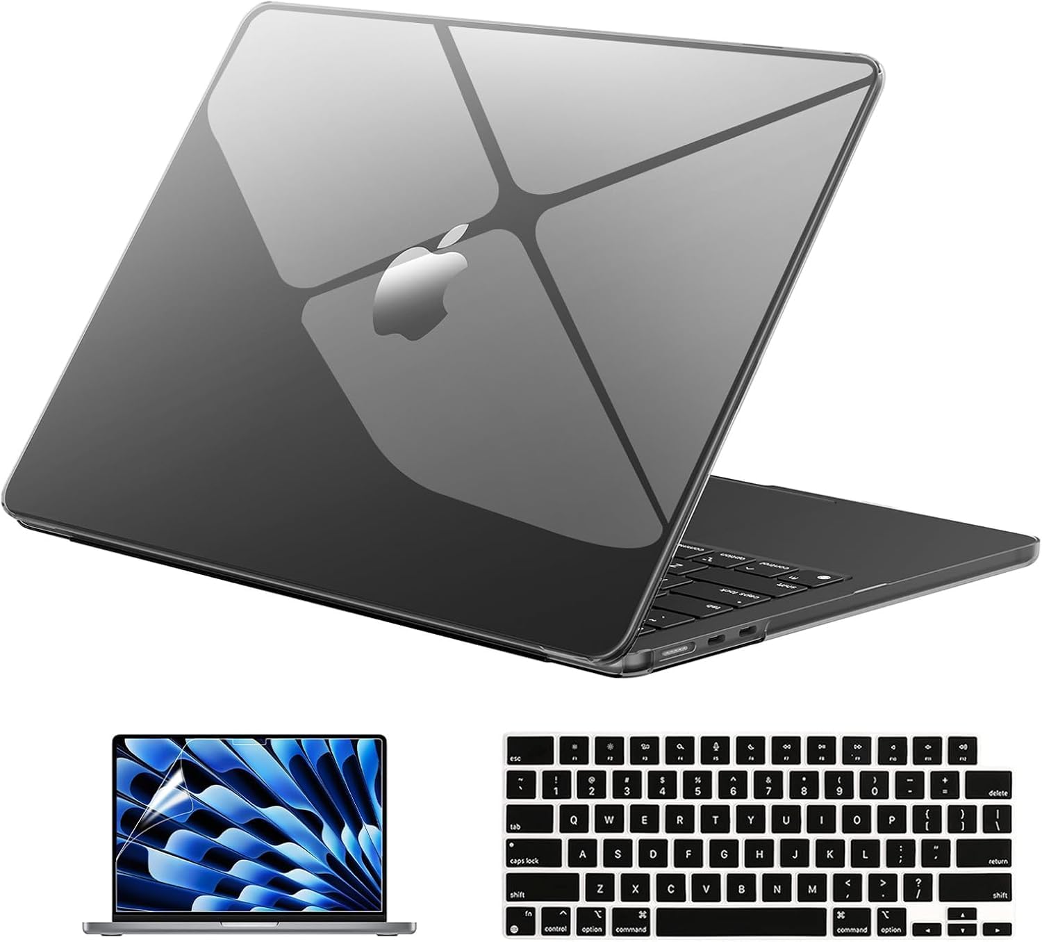 EooCoo Case Compatible with MacBook Air 15 inch M4 2025 2024 2023 Release A3241 M3 A3114 M2 A2941 Liquid Retina Display, Plastic Hard Shell Case + Keyboard Cover + Screen Protector, Crystal Black