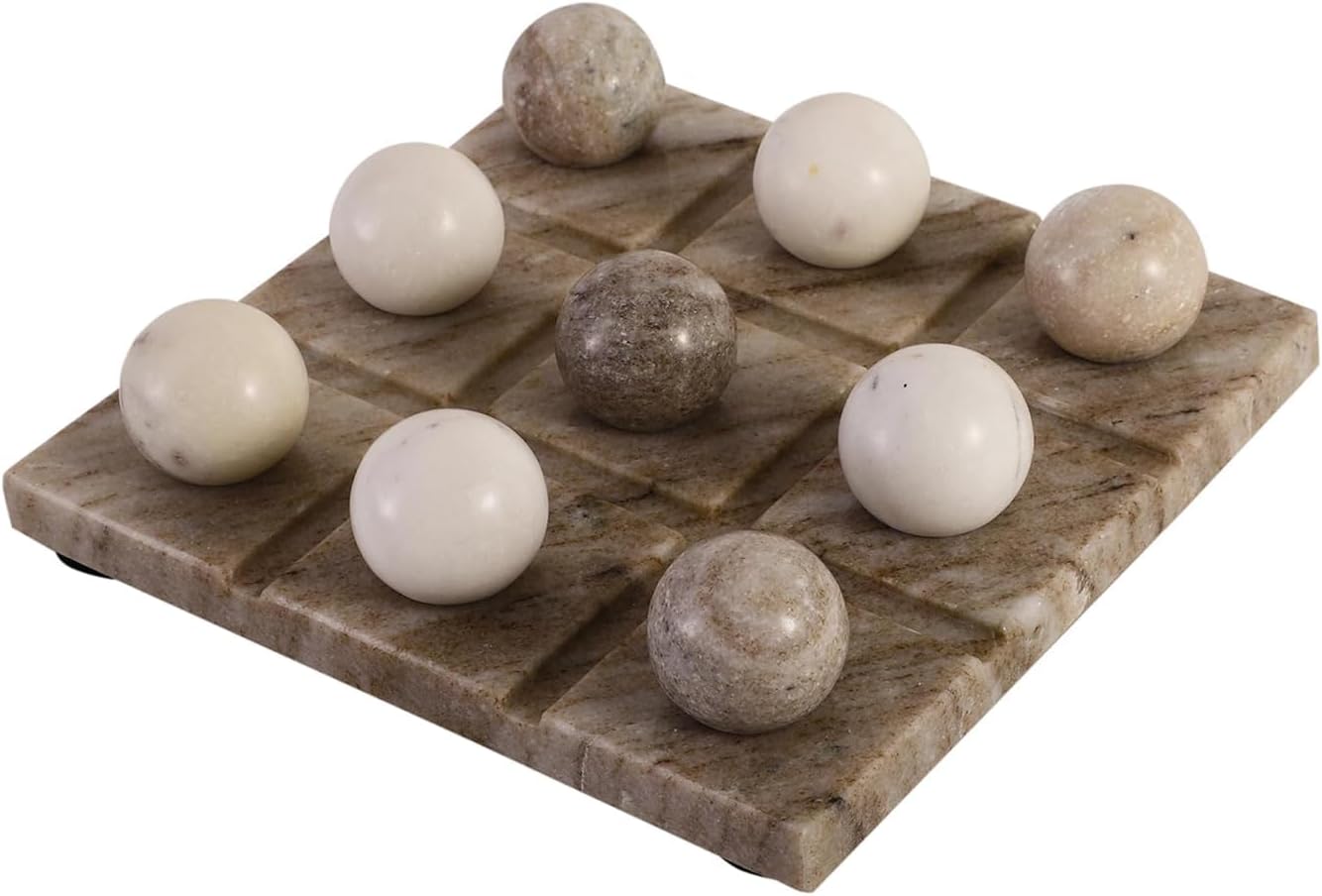NikkisPride Marble Tic Tac Toe Game Board X and O Game Set for Birthday Gift to Students and Adults Medium Beige Color Premium