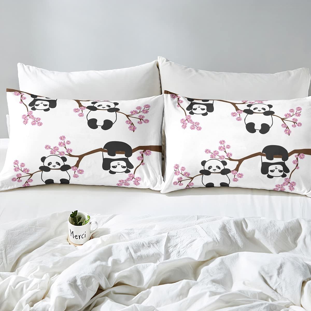 Loussiesd Cute Panda Bedding Set for Girls Boys Kids Cartoon Giant Panda Bedding Double Cherry Blossom Decor Duvet Cover Lover Animal Duvet Cover Bedroom Collection - Image 4