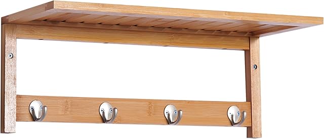 HOMCOM Wall Mounted Coat Clothes Hat Hanger 4 Hooks Rack Stand with Rail & Storage Shelf for Hallway Entryway Bedroom Bathroom