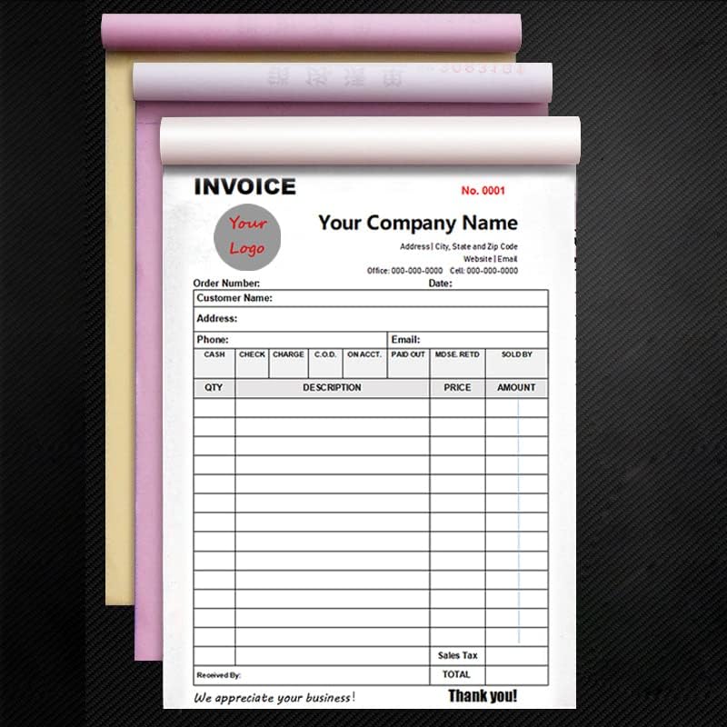 Custom Invoice Form with Your Company Name,Personalized Carbonless Form 3-Part /2-Part NCR Paper, Add Company Name, Address, Phone and Number Printed (3-Part [White/Yellow/Pink], with Logo)