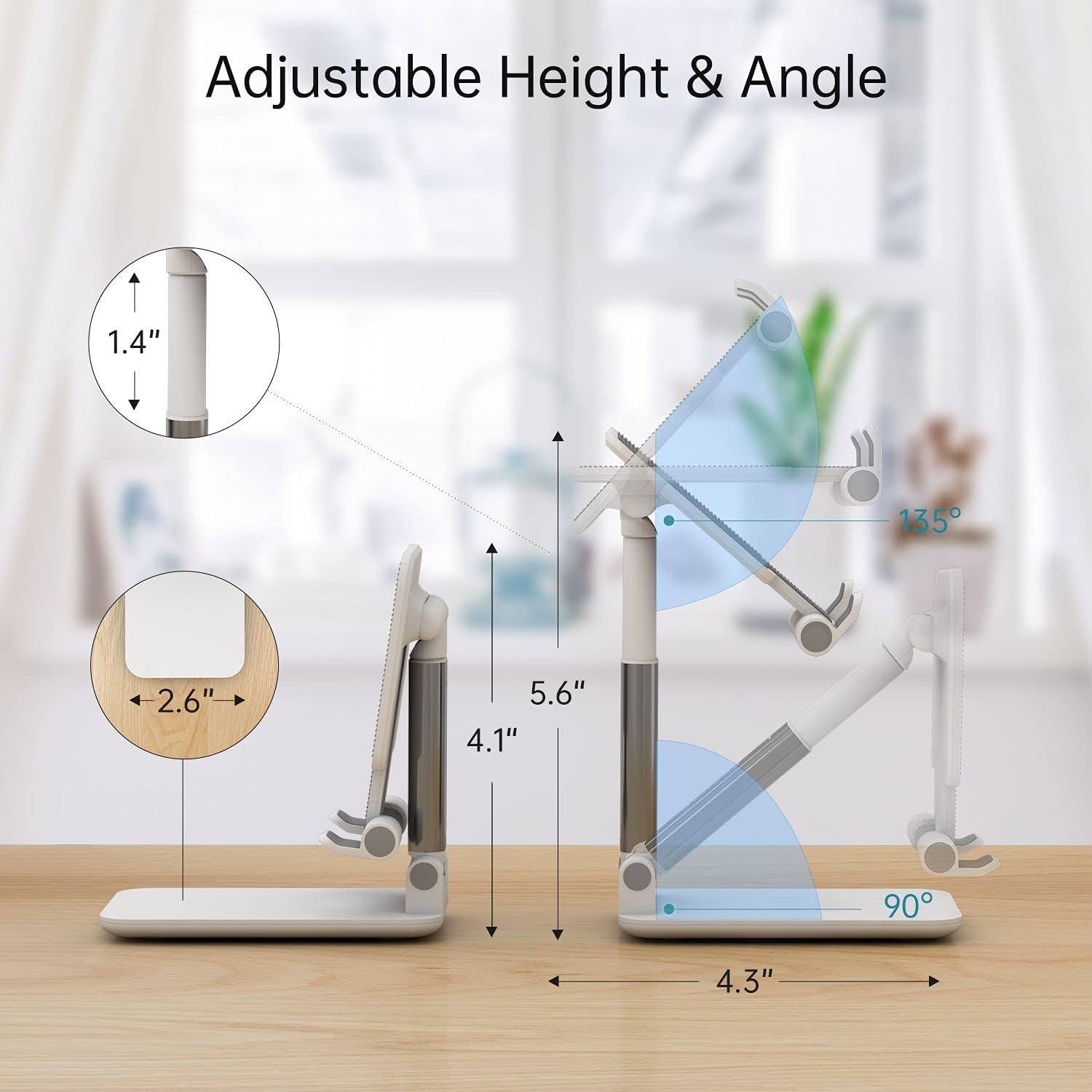 Cell Phone Stand, Adjustable Angle Height Phone Stand for Desk, Foldable Aluminum Desktop Phone Holder, Tablet Stand Compatible for Cell Phone/Tablet (White)