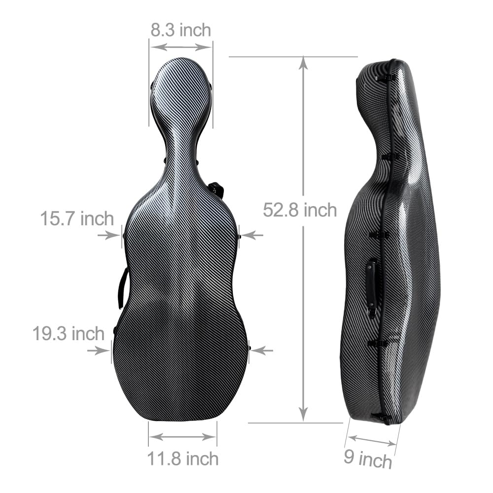 Funda de violonchelo de fibra de carbono compuesta para tamaño 4/4 con ruedas duraderas y correas de mochila, diseño de suspensión, asa integrada, carcasa rígida impermeable, 4 kg de peso