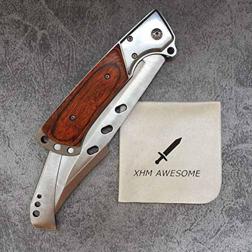 Xhm Awesome Folding Knife Large 10.8-Inch, Pocket Knives For Men, Hunting, Camping, Fishing, Survival, Hiking, Self Defense, Wood Handle (With Nylon Sheath) #TOP6