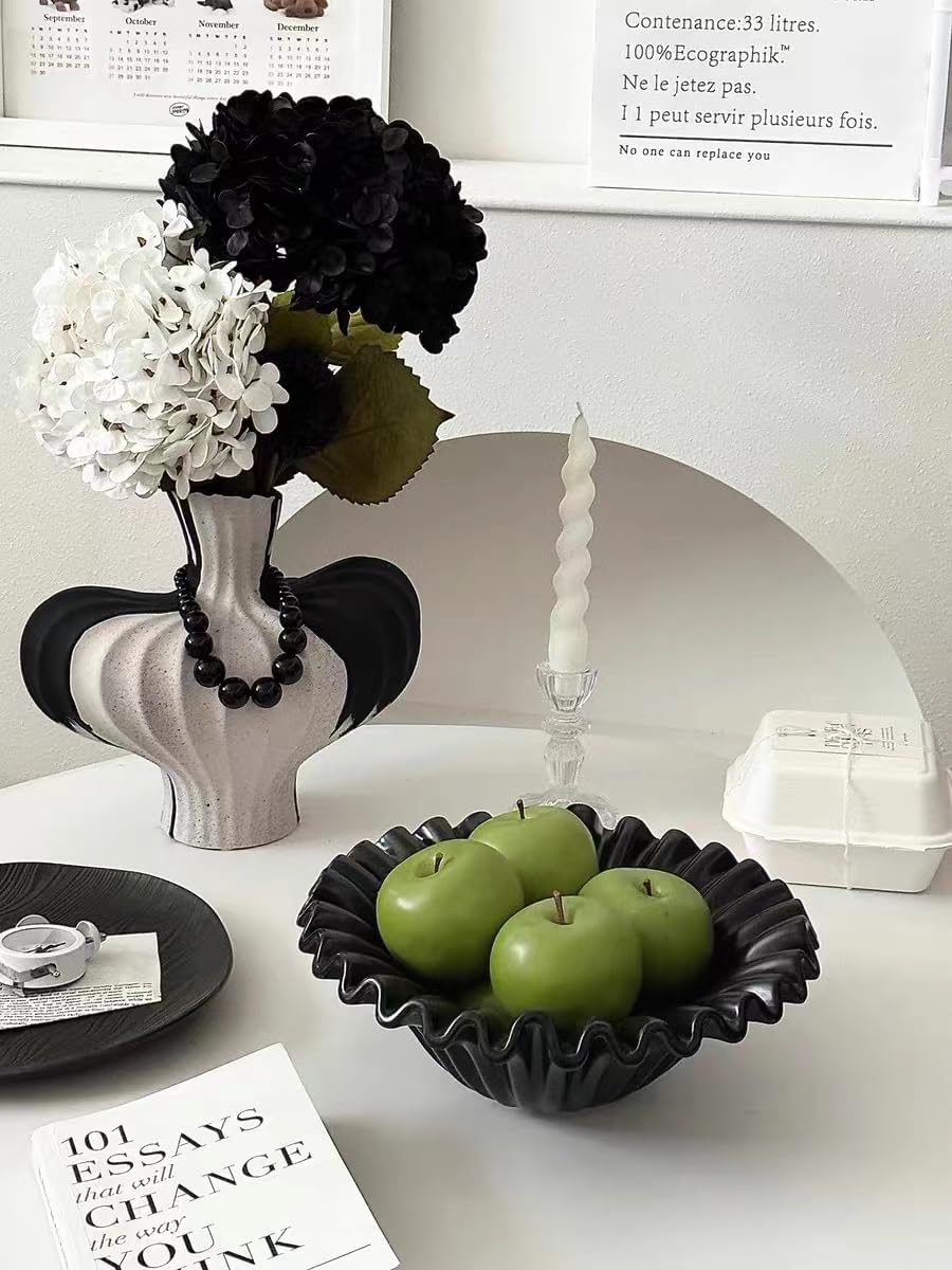 gugululu Ceramic Fruit Bowl, Large Fruit Bowl for Kitchen Countertops Modern Fruit and Bread Basket Stand for Home Kitchen Fruit and Vegetable Holder Storage(Black