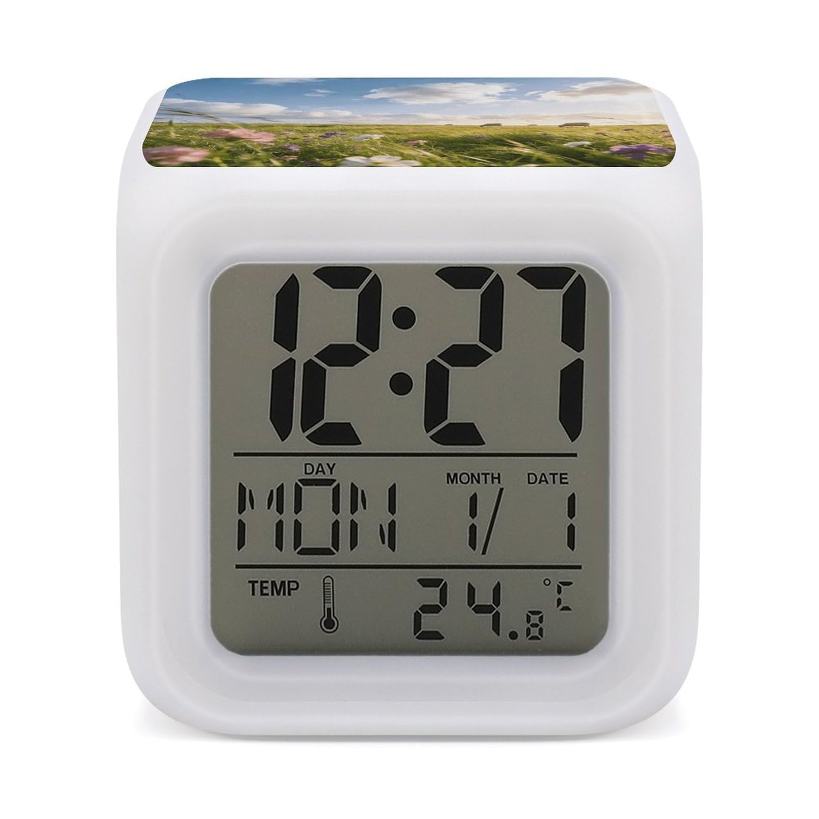 LZQPOEAS Meadow Alarm Clock with 7 Color Changing Nightlight for Bedroom Calendar Temperature Display Wake Up Digital Clock Small Desk Clocks for Heavy Sleepers Adults