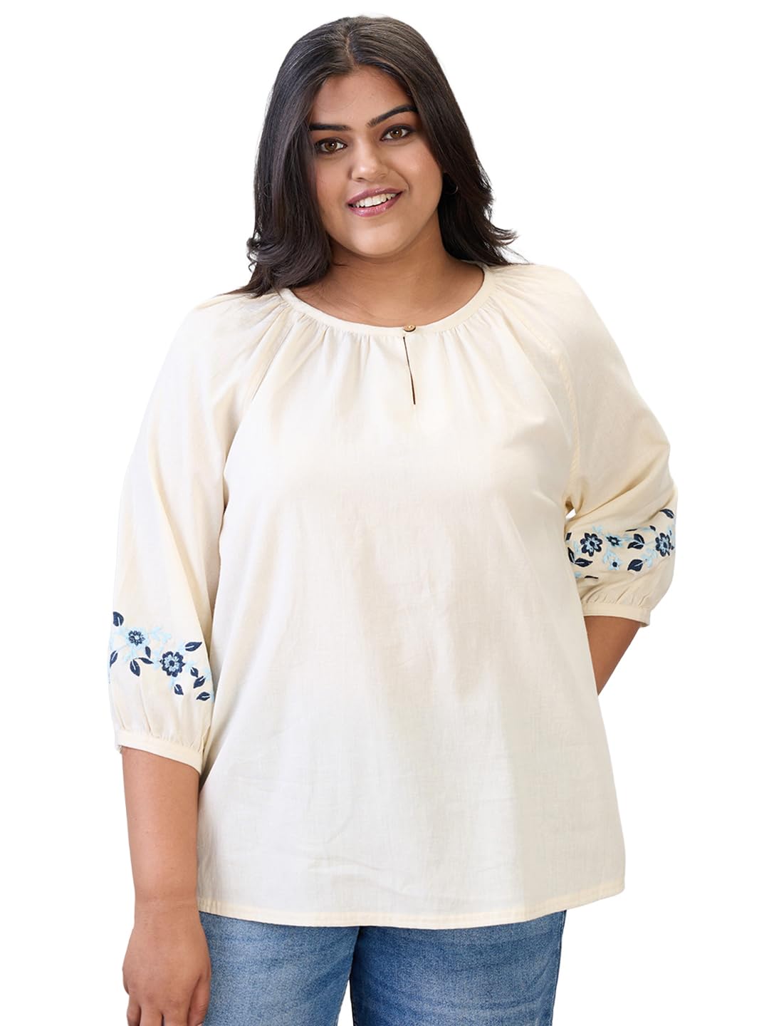 globus Gloplus Women Puff Sleeves Round Neck Plus Size Shirt Style Workwear Top with Back Button-picture-51