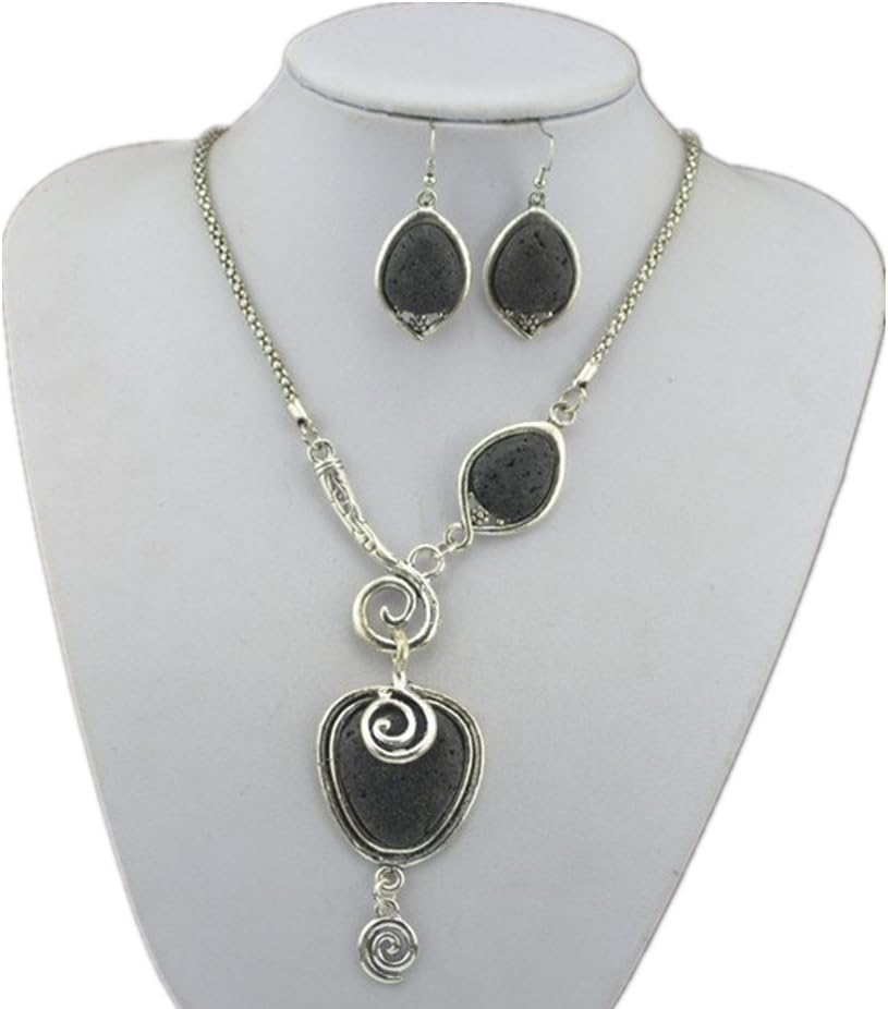 Toonykelly Vintage Look Antique Silver Lava Rock Volcano Stone(Necklace and Earring) Jewelry Set