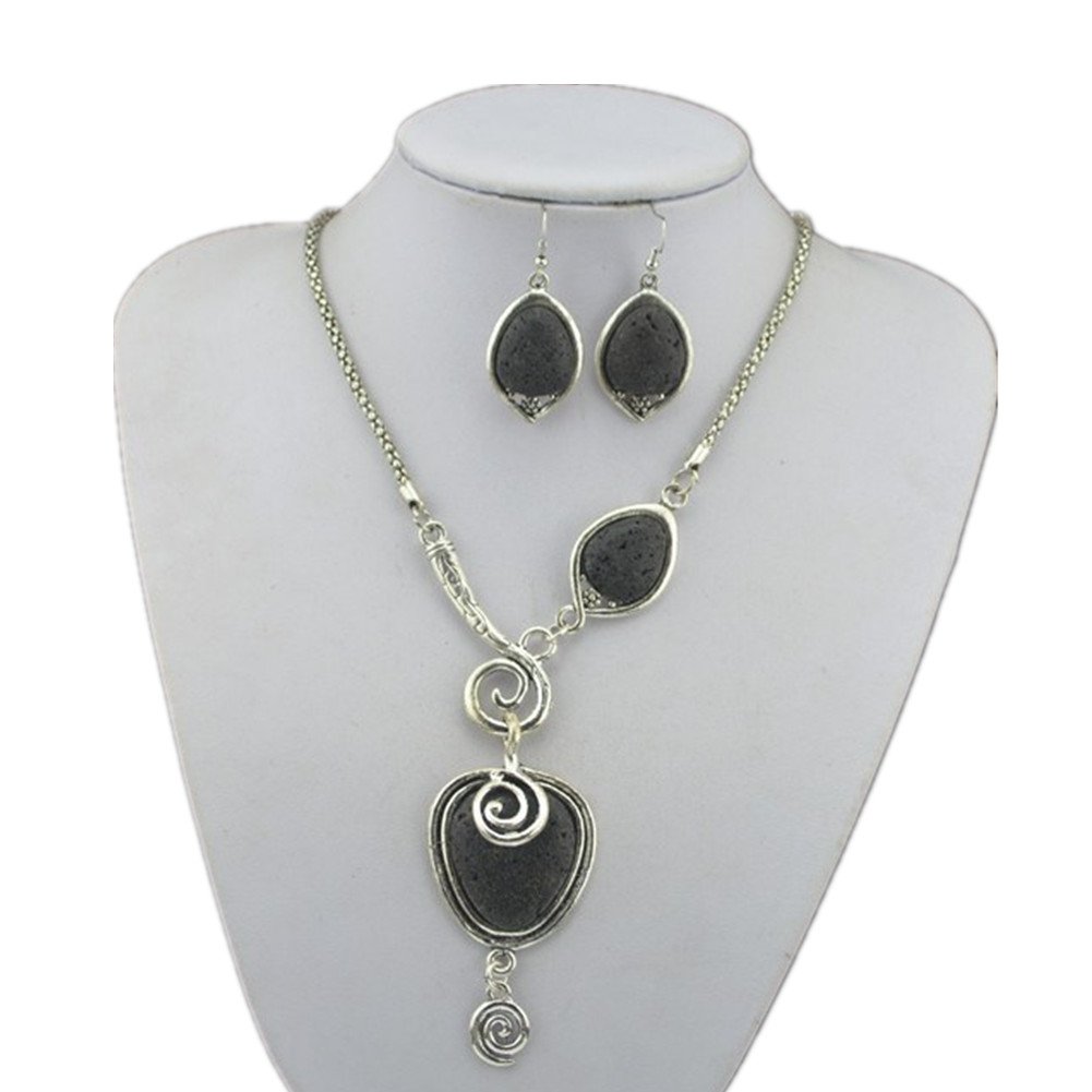Toonykelly Vintage Look Antique Silver Lava Rock Volcano Stone(Necklace and Earring) Jewelry Set