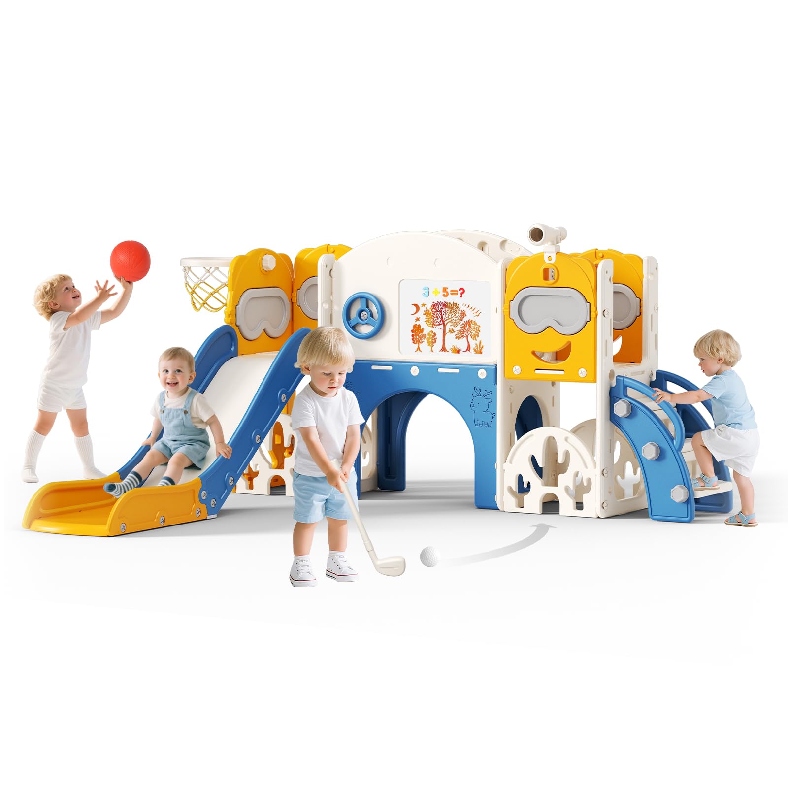 Slide per bambini ispessiti e allargati, scivolo per bambini piccoli indipendente con canestro da basket, attrezzatura per parco giochi con scivolo, per uso in/esterno (Blue arancione 7 in 1)