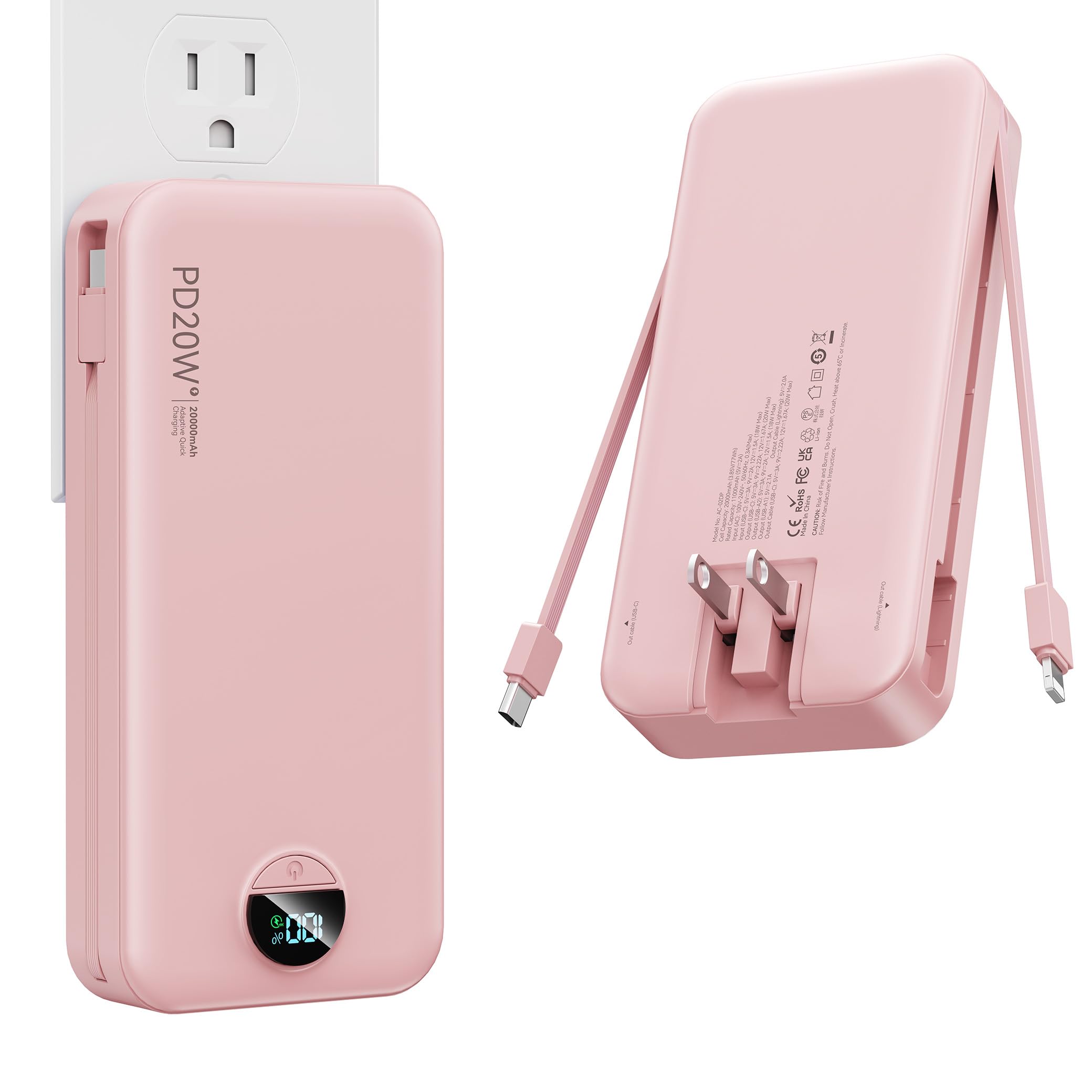 Nusyddy Portable Charger 20000mAh Fast Charging w/Built-in Wall Plug Pink