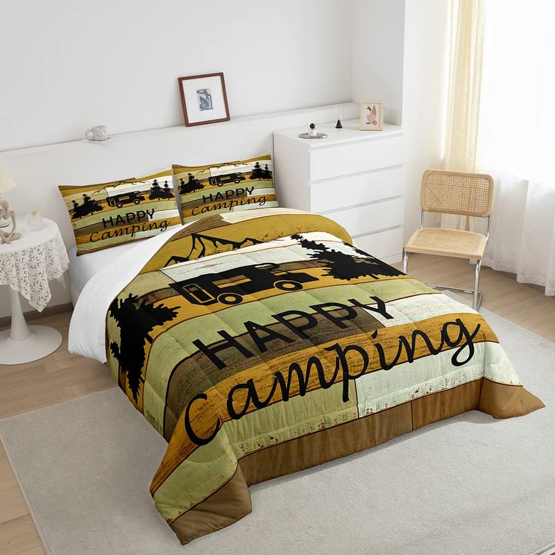 Set di biancheria da letto per ragazze Happy Camping con copripiumino per rimorchi da viaggio, camper, campeggio, auto, singolo, tavole di legno retrò, stile rustico rustico, accessori per interni