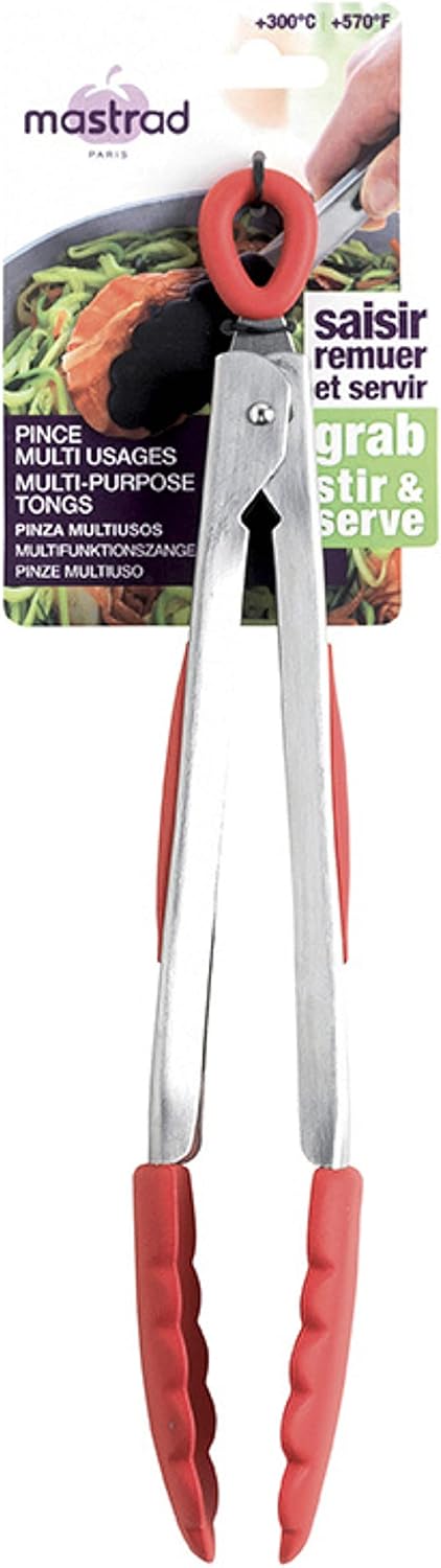 Mastrad 11-Inch Stainless Steel and Silicone Tongs, Red
