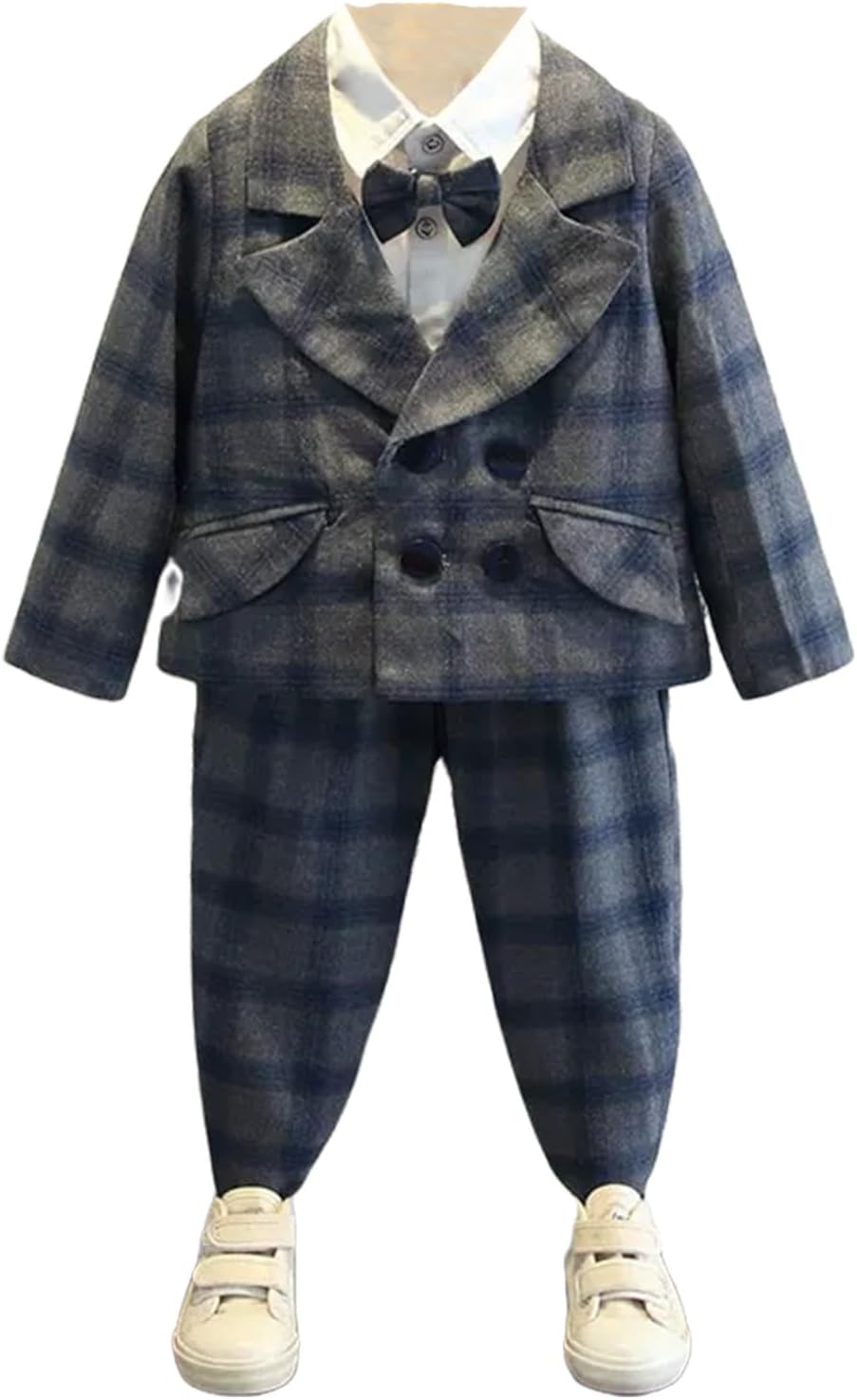 Boy's Checked Suit 2-Piece Set Double Breasted Buttons Party Casual Tuxedos Jacket Pants