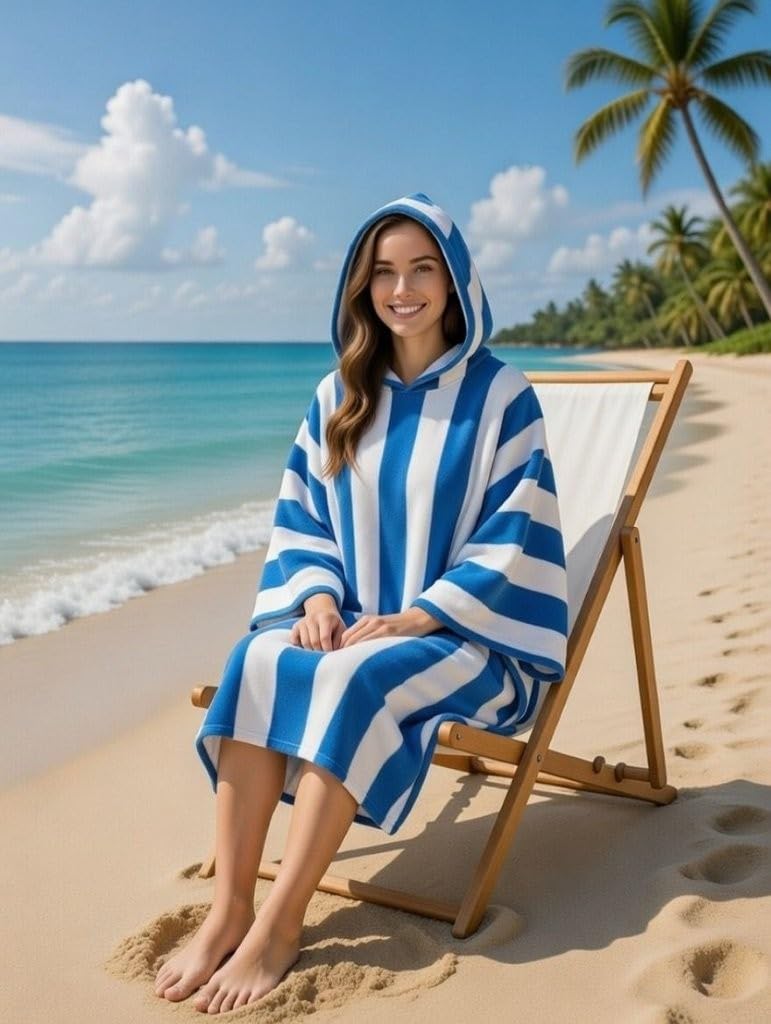 Goldstar Adult Beach Poncho Sand Free Robe, Quick Dry Microfibre Hooded Towel, Swim Cover Up for Beach, Surfing, Swimming & Travel, Lightweight Hooded Changing Towel Robe (Cabana Stripe - Blue)