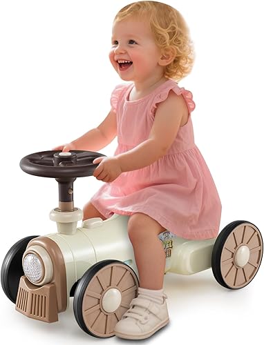 Miniatura 9 de Costzon Auto de empuje para niños, juguete retro con volante, sonido de silbato de tren y almacenamiento debajo del asiento, auto deslizante de pie