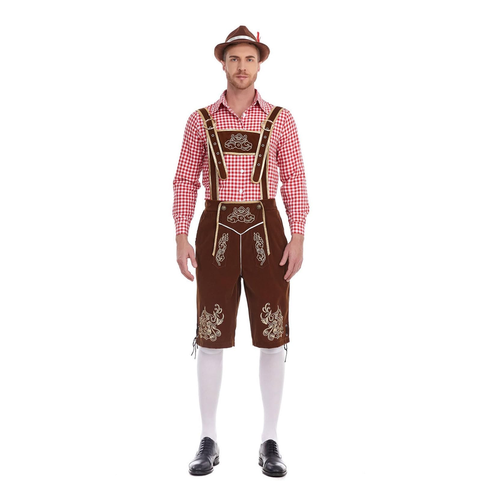 Lederhose Herren Tracht Set Kurz, Lederhose Herren Tracht, 2-Teilig Trachten Lederhose + Trachtenhemd Männer Trachtenhose M.träger Kariertes Deutsches Bayerisches Oktoberfest-Kostüm Set Für Herren