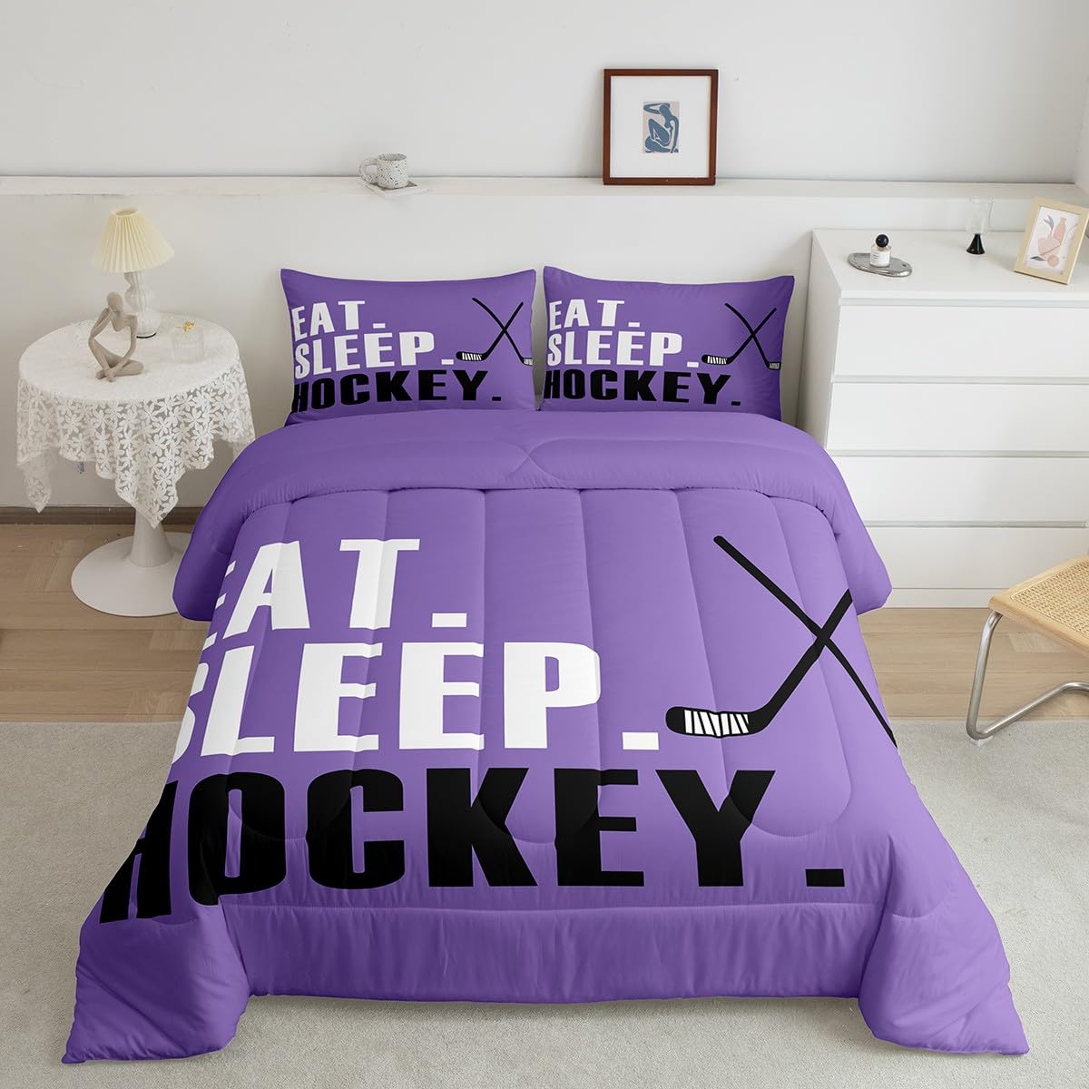 Loussiesd Hokej na lodzie zestaw pościeli fioletowy lód sporty gry zestaw kołdra rozmiar king size dla dzieci chłopców dziewcząt nastolatków hokeista krążek hokej super miękka mikrofibra z 2