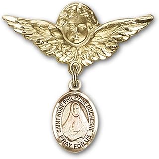 Gold Filled Baby Badge with St. Rose Philippine Charm and Angel w/Wings Badge Pin 1 1/8 X 1 1/8 inches